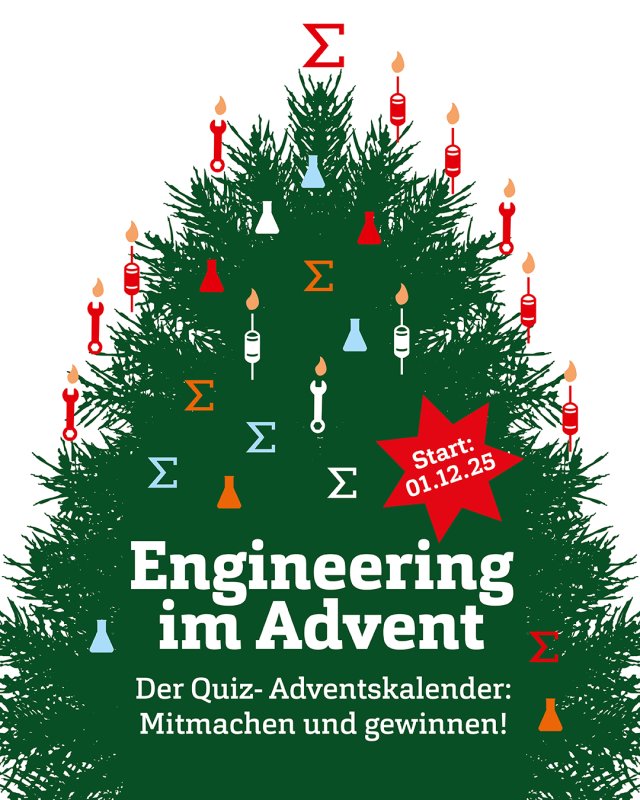 Grafik eines Weihnachtsbaums, der mit ingenieurswissenschaftlichen Symbolen geschmückt ist, und Text: Engineering im Advent. Der Quiz-Adventskalender: Mitmachen und gewinnen!