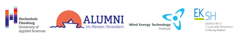 Vier Logos: Hochschule Flensburg, Alumni- und Förderverein der Hochschule Flensburg e.V., Wind Energy Technology Institute, Gesellschaft für Energie und Klimaschutz Schleswig-Holstein