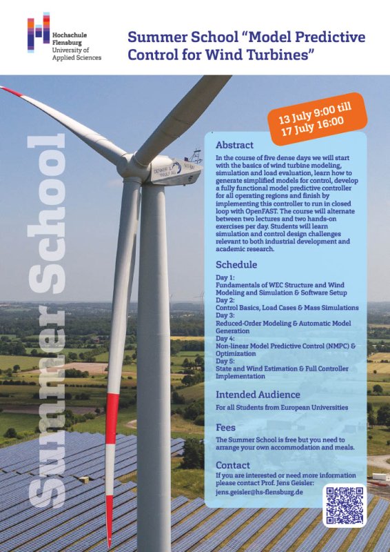 Poster: Bild eines Windrads aus Vogelperspektive, dazu text: Summer School Model Predictive Control for Wind Turbines, 13 July 9:00 till 17 July 16:00. Darunter weiterer Text zur Beschreibung der Summer School