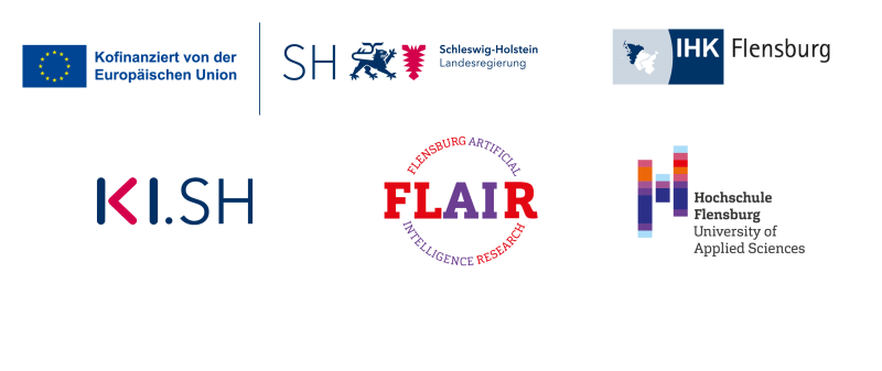 Fünf Logos: Kofinanziert von der europäischen Union/Schleswig-Holstein Landesregierung, IHK Flensburg, KI.SH, Flensburg Artificial Intelligence Research, Hochschule Flensburg.