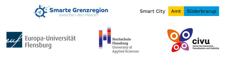 Fünf Logos: Smarte Grenzregion zwischen den Meeren, Smart City Amt Süderbrarup, Europa-Universität Flensburg, Hochschule Flensburg, Center for Interaction, Visualization and Usability