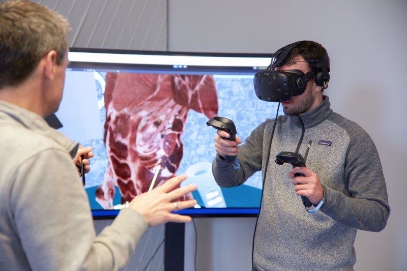 Student mit VR Briller und Controllern in der Hand, ihm gegenüber von hinten zu sehen ein Mann, der gestikuliert. Hinten im Bild ein Bildschirm mit medizinischen Bildern.