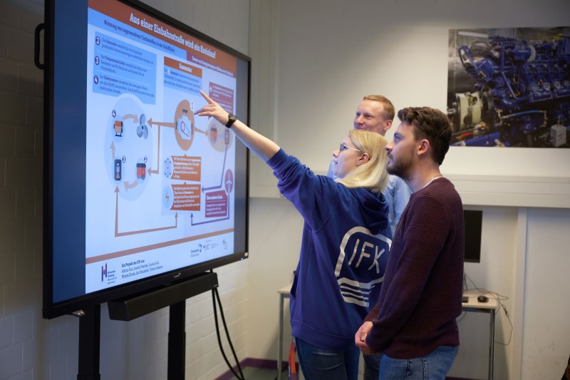 Studierende und Dozent schauen auf einen Bildschirm mit Grafiken darauf. Eine Studentin zeigt auf etwas.