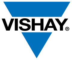 Logo der VISHAY BCcomponents BEYSCHLAG GmbH: Ein auf der Spitze stehendes blaues Dreieck. In der Mitte fehlt ein Stück, stattdessen steht dort in schwarzen Großbuchsteben: VISHAY.