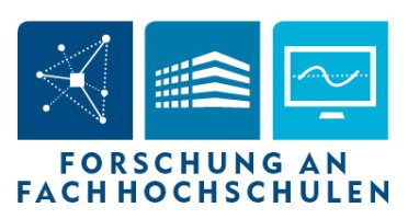 Logo Forschung an Fachhochschulen: drei blaue Kästchen mit Icons