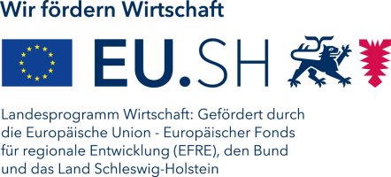 Europa-Föagge, EU.SH, Wappen von Schleswig-Holstein. Darunter Text in kleiner Schrift: Landesprogramm Wirtschaft: Gefördert durch die Europäische Union - Europäischer Fonds für regionale Entwicklung (EFRE), dem Bund und des Landes Schleswig-Holstein.