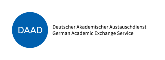 Weiße Großbuchstaben "DAAD" in blauem Kreis, daneben der ausgeschriebene Name in Deutsch und Englisch.