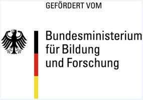 Logo des BMBF: Links der Bundesadler, mittig schmaler Linie in Deutschlandfarben, daneben der Name des Ministeriums.