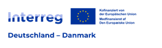 Logo des Interreg-Projekts: Der hellblau-dunkelblaue Schriftzug "Interreg", daneben die Flagge der EU und der Schriftzug "Kofinanziert von der Europäischen Union" und darunter "Deutschland - Danmark".