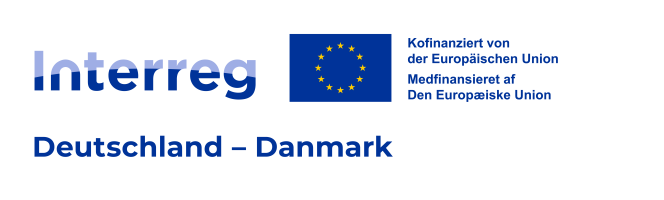 Logo des Interreg-Projekts: Der hellblau-dunkelblaue Schriftzug "Interreg", daneben die Flagge der EU und der Schriftzug "Kofinanziert von der Europäischen Union" und darunter "Deutschland - Danmark".
