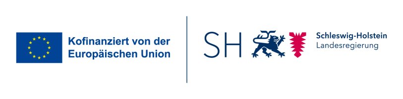 Flagge der Europäischen Union, daneben der Schriftzug "Konfinanziert von der Europäischen Union". Daneben das Logo der Landesregierung Schleswig-Holstein.