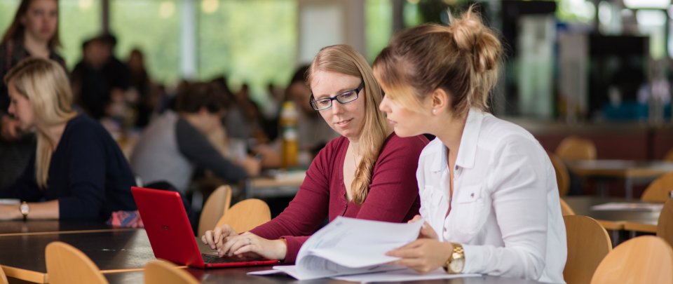Zwei Studentinnen. Eine arbeitet am Laptop, die andere sitzt daneben und blättert in Unterlagen. Sie ist der anderen zugewandt, möglicherweise liest sie etwas vor.