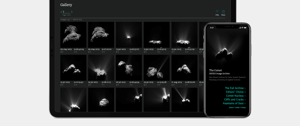 Zu sehen sind ein Tablet und ein Smartphone, beide zeigen verschiedene Bilder eines Kometen.