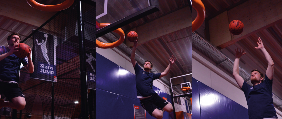 Drei schnell hintereinander aufgenommene Fotos eines Basketballspielers beim Korbwurf