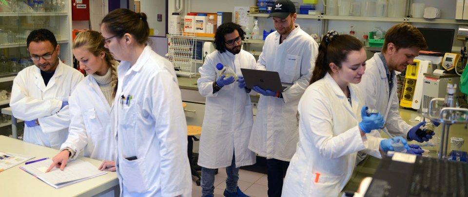 Studierende posieren in einem Labor: Einige am Tisch über Unterlagen gebeugt, andere mit Laptop, andere mit Pipetten.