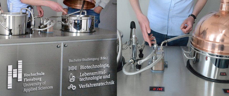 Brautisch: Metallene Behälter und Flächen, Schläuche. Auf der Vorderseite das Logo der Hochschule und Bereichsbezeichnungen.