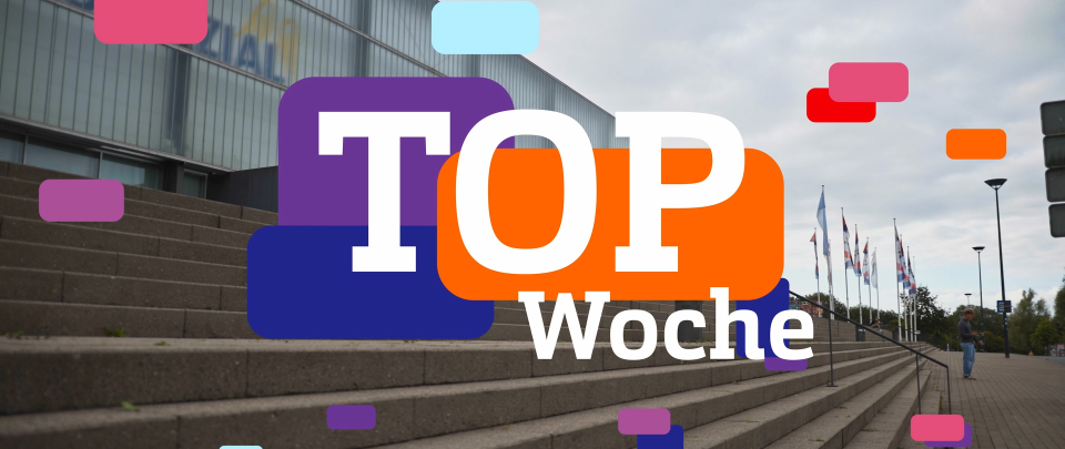 The front of a large sports hall, with wide steps leading up to it in the foreground. Above it an overlay of many colourful rectangles and white text: TOP Woche