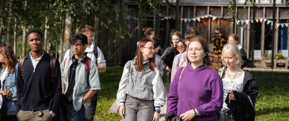 Eine Gruppe Studierender läuft an einem sonnigen Tag über den Flensburger Campus.