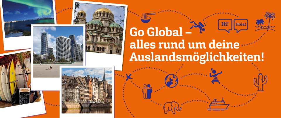 Orangener Hintergrund mit Polaroid-Bildern aus verschiedenen Ländern und Text: Go Global - alles rund um deine Auslandsmöglichkeiten!