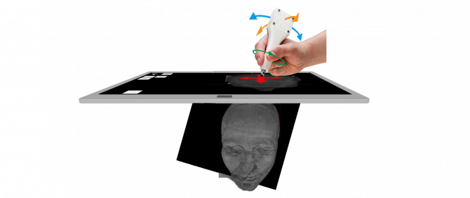 Benutzer hält einen Stift, der einen horizontal dargestellten Touchscreen berührt. Unter dem Touchscreen sieht man einen dreidimensionalen Kopf mit einer Schnittebene.