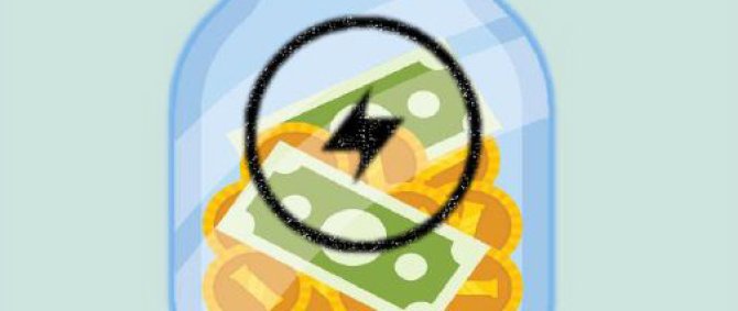Ausschnitt aus einem Poster: Zeichnung eines Glases mit Geld drin, auf dem Glas ein Blitz als Symbol für Energie.
