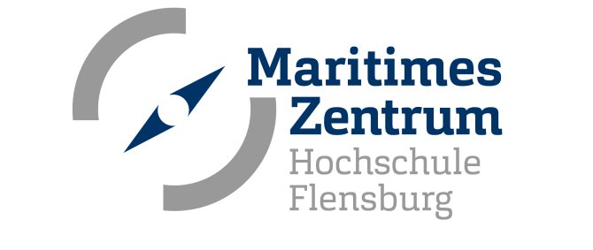 Das Logo des Maritimen Zentrums: ein stilisierter Kompass, dessen Nadel auf das M des Schriftzugs "Maritimes Zentrum Hochschule Flensburg" zeigt.