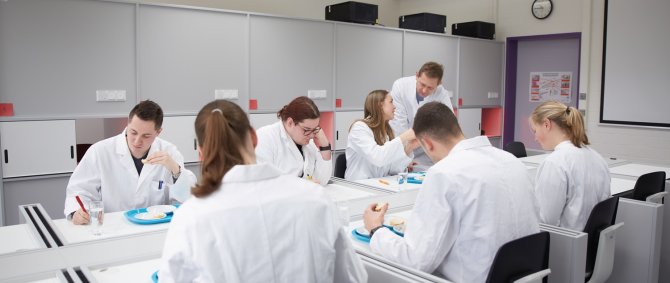 Gruppe Studierender um einen Labortisch, sie führen Geschmakstest durch. Am Rand der Dozent im Gespräch mit einer Studentin.