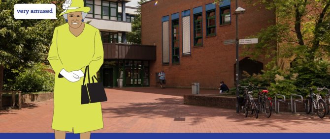 Plakatausschnitt: Foto von Hochschulgebäude mit einem Cartoon der Queen und Sprechblase "very amused".