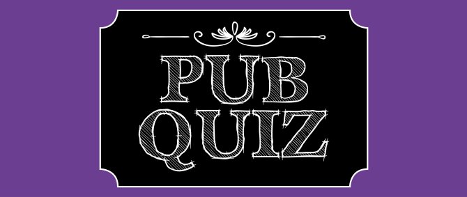 Grafik: Lilaner Grund, darauf angedeutet eine Gastronomie-Tafel auf der Pub Quiz steht.