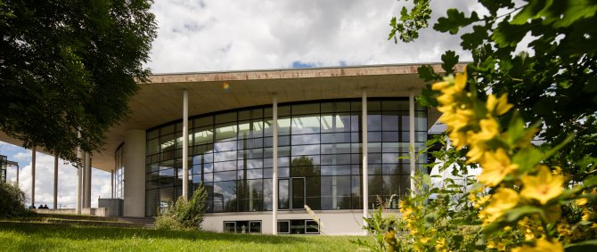 Das Audimax der Hochschule Flensburg: Ein modernes Gebäude mit Glasfassade und dreieckigem Flachdach, im Vordergrund eine grüne Wiese, Büsche und leuchtend gelbe Blüten.