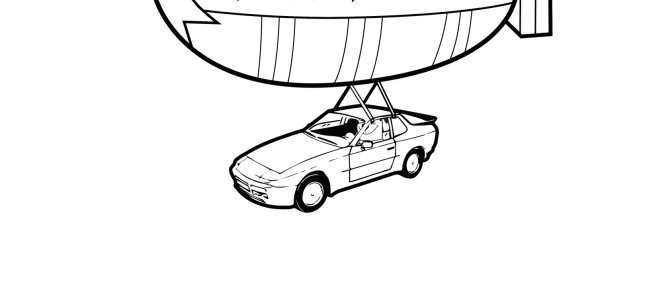 Ein weißes Plakat mit der Zeichung eines Autos, das an einem Zeppelin hängt. Darüber die Überschrift "Danger Zone - Kenny Loggins/Stupid Dog"; darunter weiterer Text in kleinerer Schrift. Ganz unten, wieder in groß: 24.04. - CampusKino - 20 h