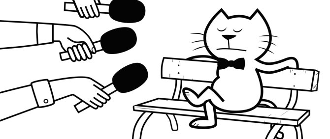 Ein weißes Plakat mit der Cartoon-Zeichnung einer Katze, die auf einer Bank sitzt und der drei Mikrofone ins Gesicht gehalten werden. Darüber die Überschrift "It wasn't me. - Shaggy/CampusKino Cat", darunter weiterer Text in kleinerer Schrift und wieder in groß: 10.04. - CampusKino - 20 h