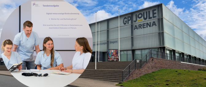 Foto von der GP Joule Arena, einer Sporthalle in Flensburg, mit einer runden Fotocollage von jungen Menschen in medizinischer Arbeitskleidung.