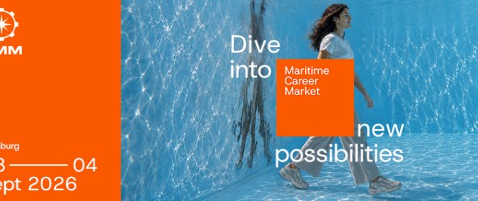 Eine junge Frau läuft vollständig bekleidet über den Boden eines gefüllten Swimming Pools. Daneben Text: Dive into new possibilities. Maritime Career Market, Hamburg 3-4 Sept 2026 