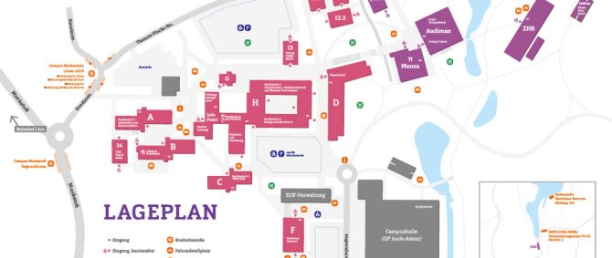Lageplan des Flensburger Campus. Gebäude der Hochschule sind rosa dargestellt und mit Buchstaben und Symbolen versehen, in der rechten unteren Ecke steht eine Legende zur Erklärung.