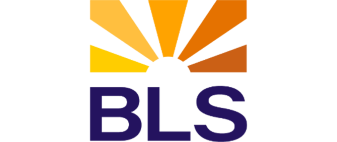 Unternehmenslogo: Stilisierter Sonnenaufgang, darunter die Großbuchstaben BLS.