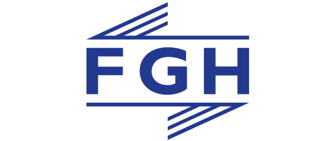 Logo: Blaue Großbuchstaben FGH, darüber und darunter blaue Striche.