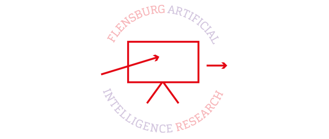 Rote Grafik eines Monitors, auf den ein Pfeil zeigt und von dem ein anderer Pfeil wegzeigt. Rundherum der Schriftzug "Flensburg Artificial Intelligence Research"