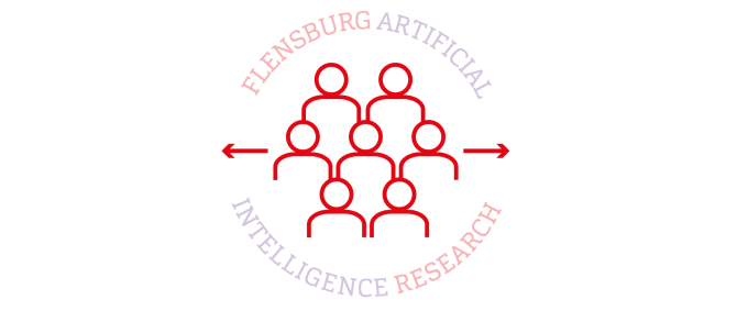 Grafische, stilisierte Umrisse einer Gruppe von Menschen, von denen ein Pfeil nach rechts und links ausgeht. Rundherum der Schriftzug "Flensburg Artificial Intelligence Research"