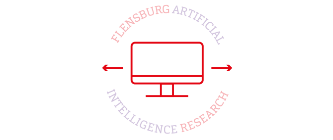 Rote Grafik eines Computer-Monitors, von dem ein Pfeil nach links und nach rechts ausgeht. Rundherum der Schriftzug "Flensburg Artificial Intelligence Research"