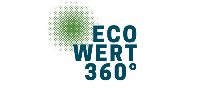 Logo: Aus vielen grünen Punkten bestehender Kreis, dazu blauer Schriftzug: EcoWert360°.