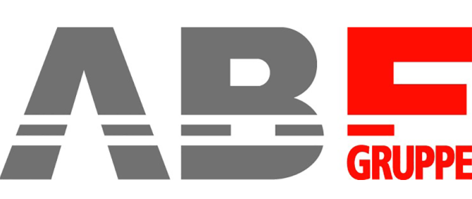 Unternehmenslogo: Großbuchstaben ABE in grau und rot, in das E integriert das Wort Gruppe.