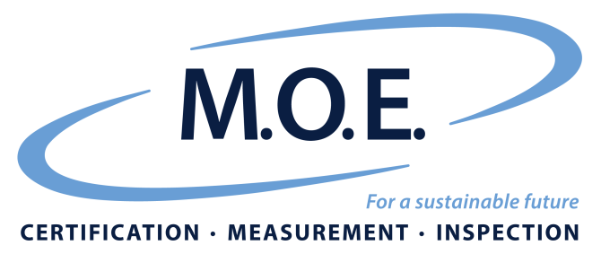 Logo: Großbuchstaben M.O.E., darunter steht "For a sustainable future. Certification. Measurement. Inspection."