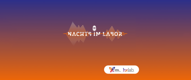 Das Logo des Podcasts "Nachts im Labor": der Schriftzug "Nachts im Labor" ist hinterlegt mit stilisierten Schallwellen, im Hintergrund ein blau-orangener Farbverlauf. In der rechten unteren Ecke die Logos von CIVU und HX Lab.