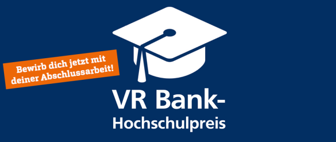 Dunkelblauer Grund, darauf eine Grafik eines Abschlusshutes in weiß und "VR Bank-Hochschulpreis" 