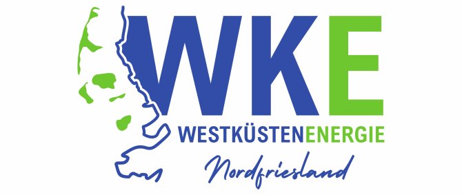 Logo: Umriss der nordfriesischen Küste, daneben blau-grüner Schriftzug: WKE - Westküstenenergie Nordfriesland