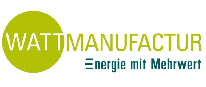 Logo: Grüner Kreis mit Schriftzug "Wattmanufactur", darunter in blau: "Energie mit Mehrwert".
