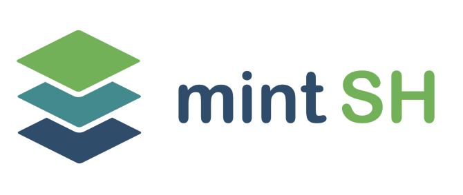 Logo: Drei gestapelte Quadrate in grün und blau, daneben Schrift: mintSH